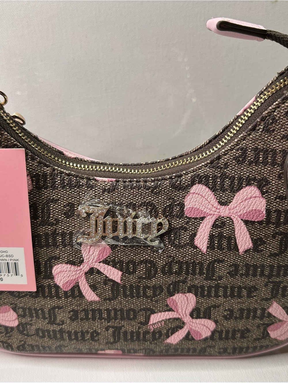 Juicy Couture Brown Monogram Mini Bag with Pink Bow Accents